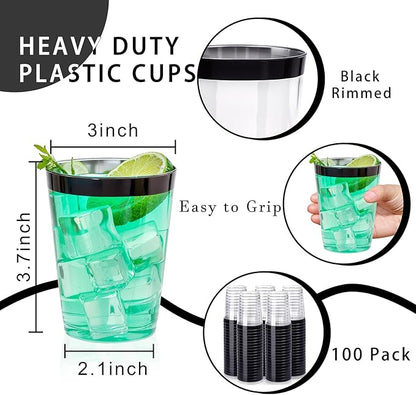 DaYammi 100 Pack Black Plastic Cups 10Oz Clear Disposable Cups with Black Rim, Clear Cocktail Cup Heavy Duty Disposable Wine Glasses Disposable Fancy Plastic Cups for New Year Party