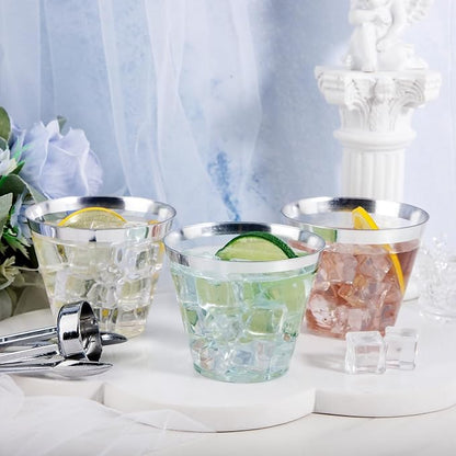 Nervure 120PCS Silver Plastic Cups - 9Oz Silver Rimmed Plastic Cups - Heavy Duty Plastic Cup with Silver Rim Perfect for Weddings, Receptions & Parties