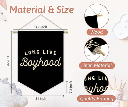 Boy Room Decor,Long Live Boyhood Black Canvas Banner Nursery Playroom Wall Decor for Boys Bedroom Toddler Decorations Teen Boy Room Decor,Playroom Decor Wall Hanging Flag 15x11 Inch