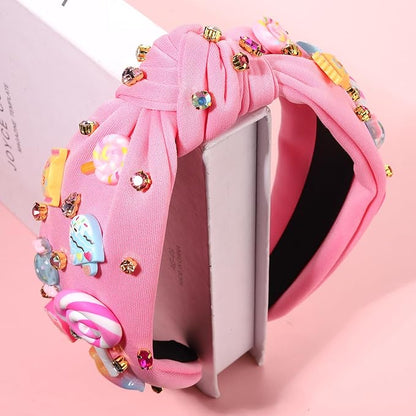 Knotted Headband for Women Lollipop Candy Charms Crystal Jeweled Embellished Top Knot Hairband Statement Wide Turban Hair Hoop Funny Gifts for Girls Sister Birthday Xmas Holiday Party