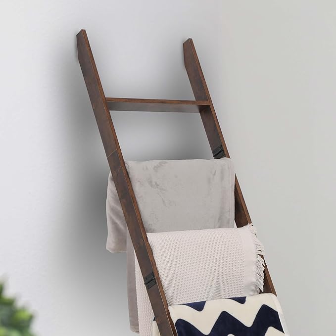 Blanket Ladder for Living Room and Bedroom, 5ft 8 inch, 6-Tier Wall Leaning Laminate Snag Free Construction (Rustic Hickory) Rustic Decorative Farmhouse Blanket Storage, Quilt Rack, Ladder Shelf