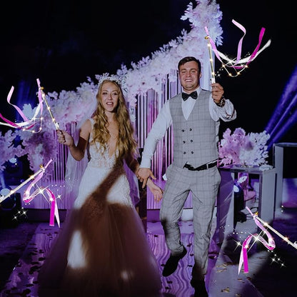 60Pack Light Up Wands,Wedding Wands with 3 Colorful Flashing Modes,LED Silk Fairy Wands with Bells,Glow Ribbon Streamers for Wedding,Mardi Gras,Mother's Day,July 4th,Birthday(Purple)