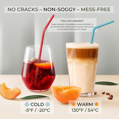 Colorful, Flexible Biodegradable Sugarcane Straws, 120 Count | 100% Compostable, Plastic-Free, Eco-Friendly Drinking Straws for Cold Drinks | 7.8" Bendable, Multi-Color Disposable Straw Set