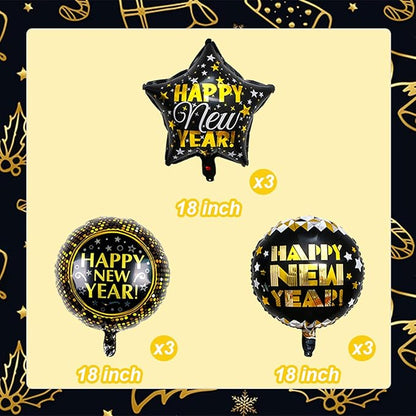 9 PCS Happy New Year Balloons Black Gold 18 Inch New Years Balloons for Happy New Year Decorations 2026 New Years Eve Party Supplies