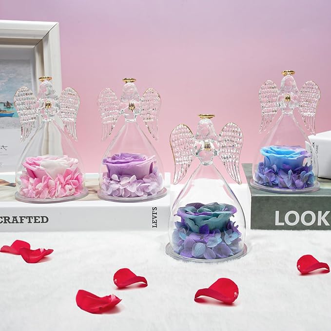 Miofula Angel Rose Birthday Gifts for Mom, Preserved Flower Rose in Glass Angel Figurines, Forever Real Rose Gift for Women Mom Grandma, Angel Gifts for Her Wife on Valentines Anniversary Mother's Day