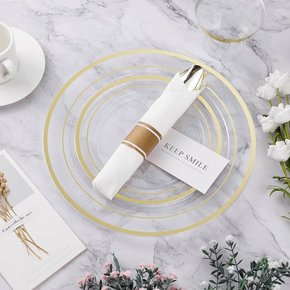 BESTVIP 700PCS Clear Gold Plastic Dinnerware Set for 100 Guests, Disposable Party Plate for Christmas and New Year, Include: 200 Plastic Plates, 100 Pre Rolled Napkins with Silverware, 100 Cups