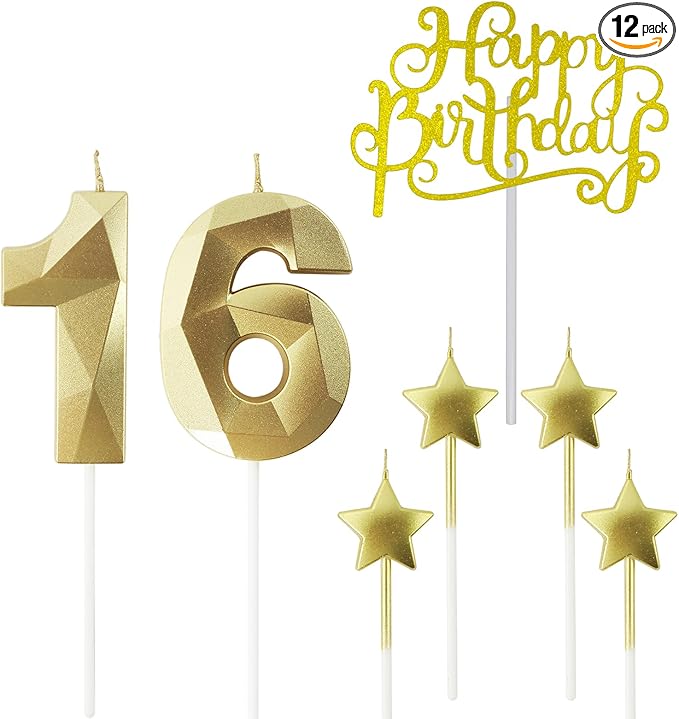 Golden Number 16 Birthday Candles and Star Birthday Candles 2.76 inch Birthday Cake Candles 3D Diamond Shaped Candles are Suitable for Birthday Parties and Anniversary Cake Decorations Candles