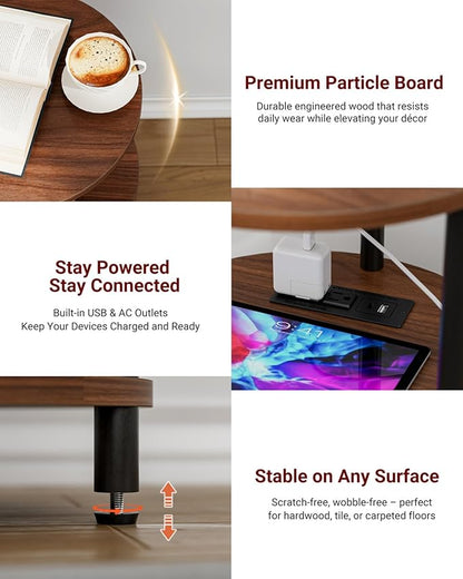 Small Round End Table - 3 Tier Design Accent Table, Narrow Side or Bedside Stand, Industrial Vintage Table for Small Spaces, Built-in USB Ports and Power Outlet, Rustic Walnut