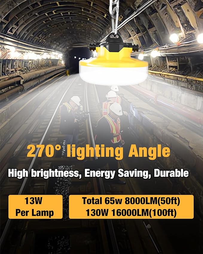 100FT LED Construction String Lights 3 Prong, 130W 16000Lm LED String Work Lights, 5000K Daylight Temporary Lighting for Construction Sites, Jobsite, Renovation, Mine Cave, UL Listed