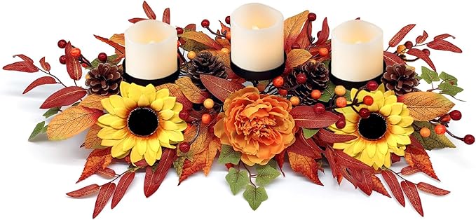 Thanksgiving Centerpiece Fall Table Decorations, Artificial Sunflowers, Peony, Berries, Pine Cones and Autumn Leaves Harvest Table Candelabrum for Fireplace Mantel (Candle Not Included)