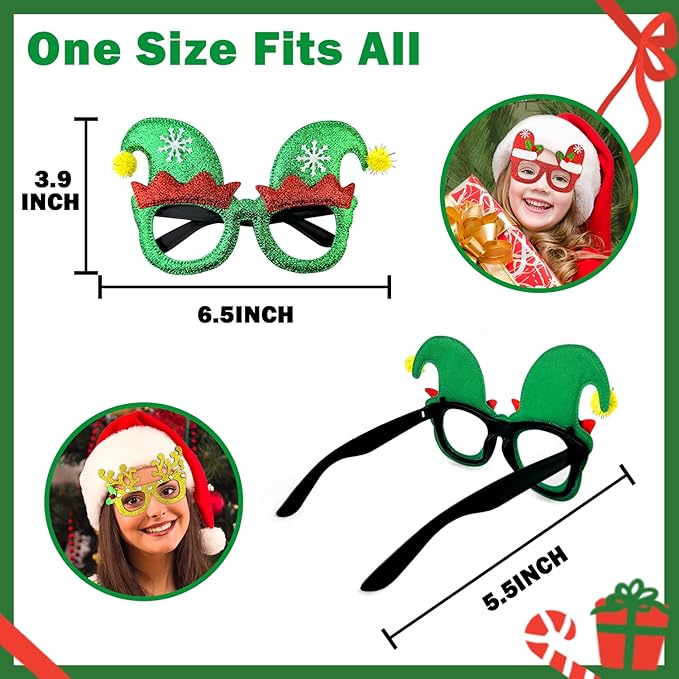 Christmas Glitter Glasses 6 Pack, Xmas Eyeglasses Frame Party Gifts Accessories - One Size Fits All, Holiday Party Favors Supplies Game Prizes, Christmas Decorations Photo Props for Costume