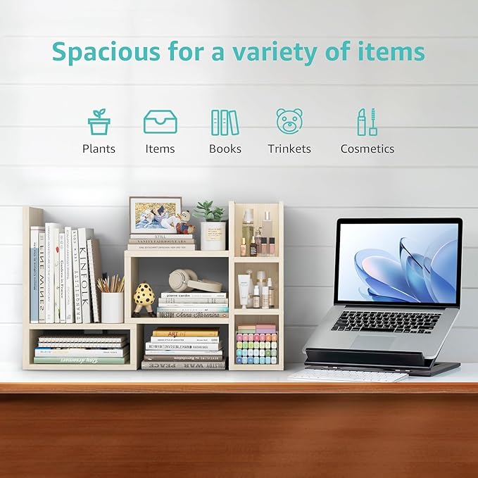 Desk Shelves Desktop Organizer Shlef - Natural Wood Tone Office Organization for Top of Desk Organizers and Accessories Corner Bookshelf Table Top Shelving Small Hutch Decorations for Office