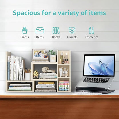 Desk Shelves Desktop Organizer Shlef - Natural Wood Tone Office Organization for Top of Desk Organizers and Accessories Corner Bookshelf Table Top Shelving Small Hutch Decorations for Office