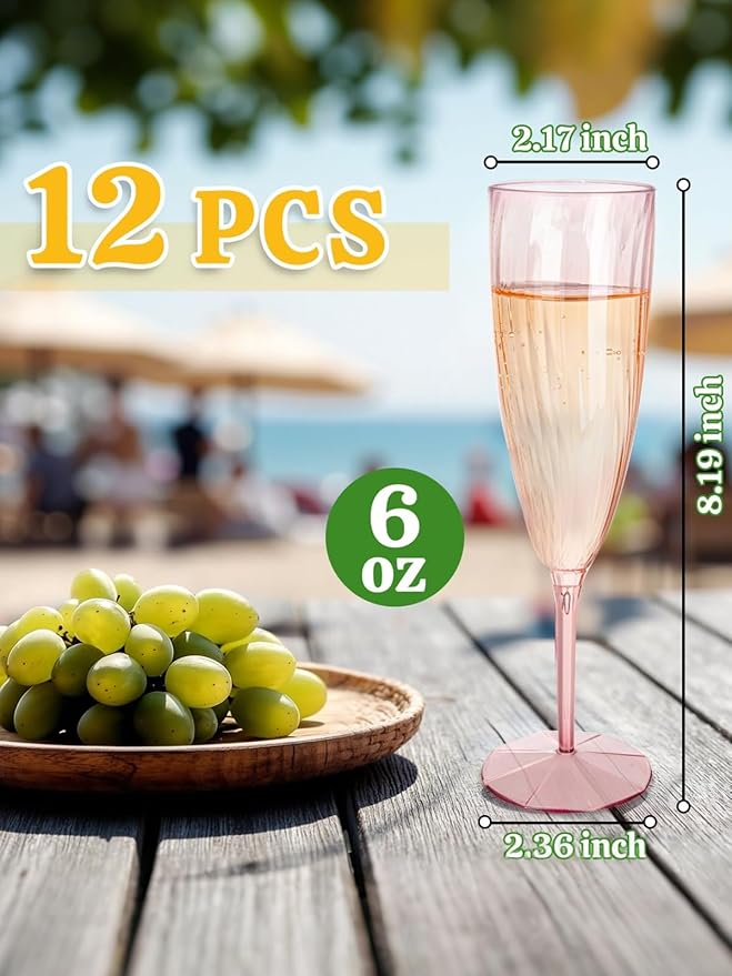 WDF 12PCS Colorful Plastic Champagne Flutes - 6 OZ Colorful Disposable Champagne Flutes - Perfect for Wedding/Parties/Birthday