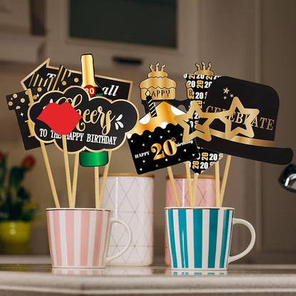 LINGTEER Happy 20th Birthday Party Photo Booth Props,Cheers to 20th Birthday Twenty Years Old Bday Party Centerpieces Props Decorations Sign.
