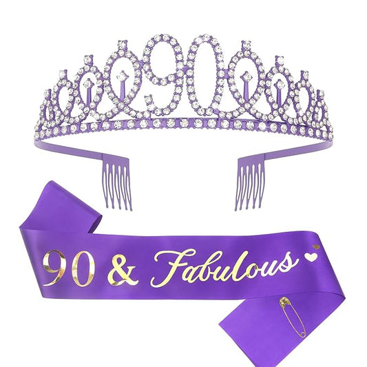 CIEHER 90th Birthday Crown + 90 & Fabulous Birthday Sash, Purple 90th Birthday Decorations for Women, 90th Birthday Gifts for Women, Happy 90th Birthday Cake Topper Purple
