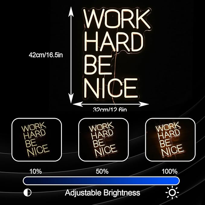 Work Hard Be Nice Neon Sign for Wall Decor Warm White Neon Light Powered by USB Dimmable LED Letters Neon Light Sign for Office Study Room Classroom Bedroom Meeting Room Neon Decor
