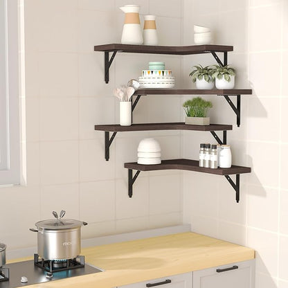 Corner Floating Shelves Wall Mounted Set of 4, Rustic Wood Storage Display Wall Shelves for Home Decor, Bathroom, Kitchen, Bedroom, Living Room, Office (Brown)