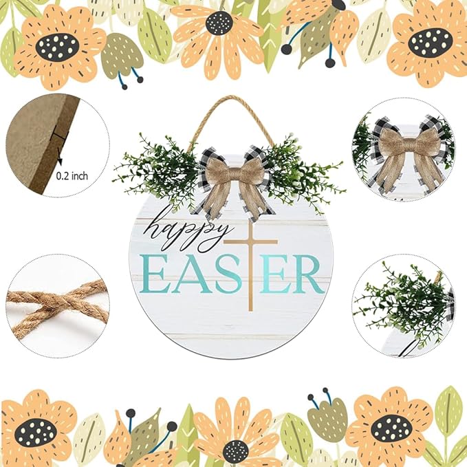 Boylee Easter Wooden Hanging Sign Happy Easter Sign Door Decoration with Bow Rustic Easter Wood Wreath Sign for Easter Spring Holiday Home Coffee Shop Bakery Farmhouse Window