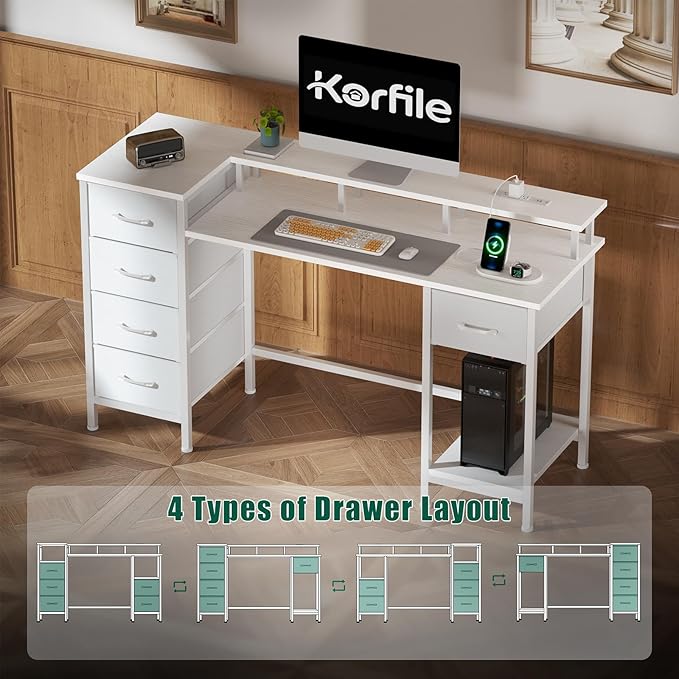 55 Inch Gaming Desk with Power Outlets and LED Lights, Reversible Computer Desk with 5 Fabric Storage Drawers, Home Office Desk with Monitor Stand for Working Writing Study, White