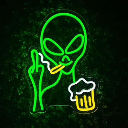 Green Alien Neon Sign, Beer Bar Alien Neon Light for Wall Decor, Dimmable LED Lights Signs for Bedroom Man Cave Game Room Home Bar Party Decoration,USB Powered Alien Light up Sign for Kids Teen Boy Birthday Christmas Presents