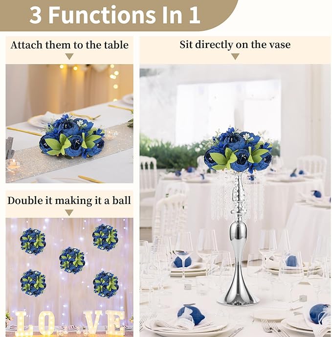 NUPTIO Flower Balls for Centerpieces Wedding: 2 Pcs 9.4 inch Diameter Royal Blue Artificial Flower Ball Arrangement Bouquet Centerpiece for Tables - Fake Peony Flowers for Wedding Decor