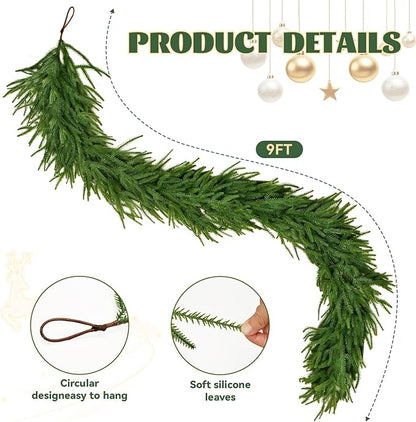 9FT Norfolk Pine Garland, Real Touch Artificial Greenery Garland, Flexible and Fluffable Christmas Garland Decorations for Mantle, Table, Staircase, Fireplace, Wall (9 Feet)