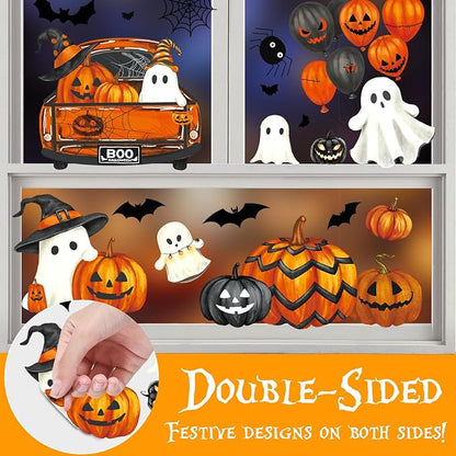Halloween Window Clings Decorations, Ghost Pumpkin Bat Stickers Decor for Glass Windows, Large Double Sided Reusable Decals, 8 Sheets