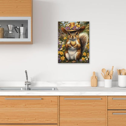Western Squirrel Wall Art, Squirrel Peanut Pictures Wall Decor, Country Rustic Animal Canvas Prints, Forest Flower Painting, Framed Artwork for Bathroom Living Room Bedroom Dining Room 24"X16"