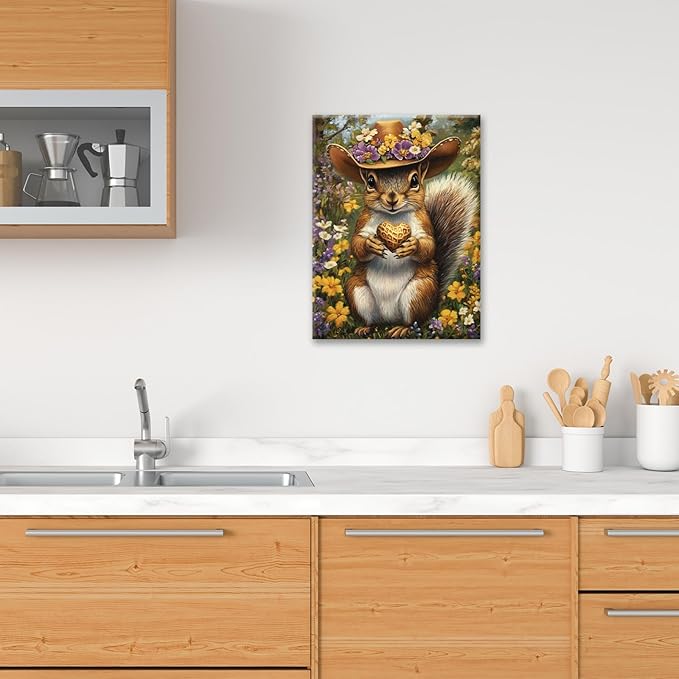 Western Squirrel Wall Art, Squirrel Peanut Pictures Wall Decor, Country Rustic Animal Canvas Prints, Forest Flower Painting, Framed Artwork for Bathroom Living Room Bedroom Dining Room 20"X16"