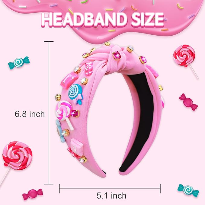 Candy Knotted Headband for Women, Lollipop Sugar Charms Rhinestone Jeweled Embellished Top Knot Wide Cute Headband for Girls, Fashion Hairband Hair Accessories Birthday Holiday Party Gift - Pink
