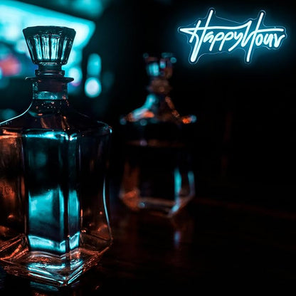 Happy Hour Neon Sign Blue Letter LED Neon Lights Dimmable Neon Bar Sign Words Neon Light Up Sign for Bar Pub Restaurant Hotel Man Cave Party USB Powered Wall Art