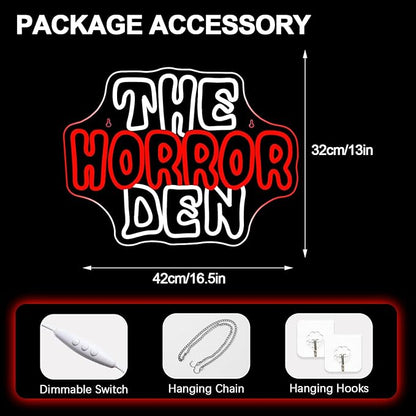 NOSUN The Horror Den Neon Sign Light for Happy Halloween Wall Decor for Man Cave Dimmable USB Neon Lights for Horror Party Club Game Room Torror Movies Lover Home Wall Decor