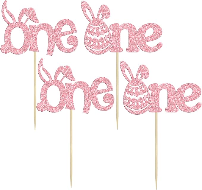 Ephlyn 24 Pcs Pink Glitter Cupcake Toppers - Happy Easter & Birthday Cake Decorations for Spring Parties