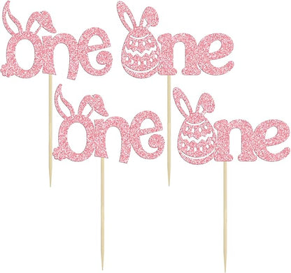 Ephlyn 24 Pcs Pink Glitter Cupcake Toppers - Happy Easter & Birthday Cake Decorations for Spring Parties