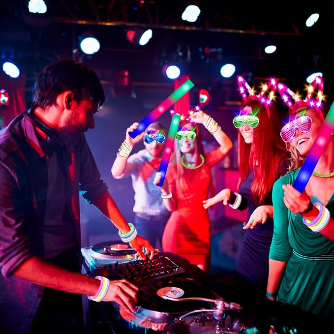 260 PCS Glow in the Dark Party Supplies, New Year Party Favors - 20 Foam Glow Sticks, LED Glasses, Bunny Ear Headbands and 200 Glow Sticks for Kids or Adults