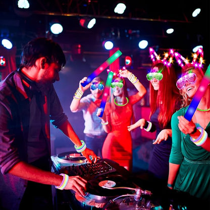 260 PCS Glow in the Dark Party Supplies, New Year Party Favors - 20 Foam Glow Sticks, LED Glasses, Bunny Ear Headbands and 200 Glow Sticks for Kids or Adults