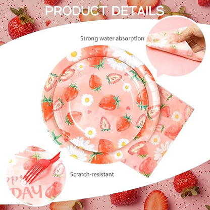 96pcs Kids Birthday Party Disposable Tableware Set Pink Strawberry Pattern for 24 Guests Party Supplies Round Plates（Include Plates, Cups and Napkins）