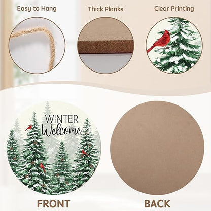 Winter Welcome Sign for Front Door Christmas Cardinal Bird Wood Door Hanger for Outdoor Outside Porch Snowflake Pine Trees Round Hanging Signs Holiday Decor for Home Wall Porch Yard 12"x12"