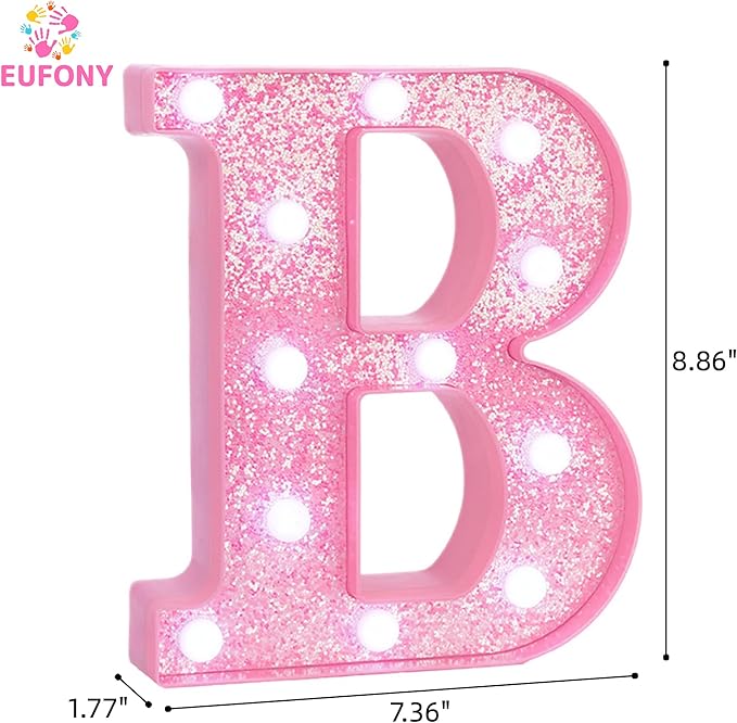 Pink LED Marquee Light Up Letters, Glitter Alphabet Letter Lights for Birthday Party Decorations, Battery Operated Letter Signs for Girls Room Table Decor, Pink letter B with Cool White Lights