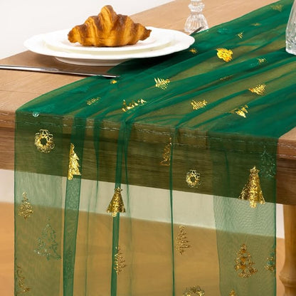Emerald Green Gold Table Runner for Christmas Sheer Gauze Cheesecloth 120 Inch with Glitter Holiday Party Decor for Family Gatherings Dining Table Home Celebration