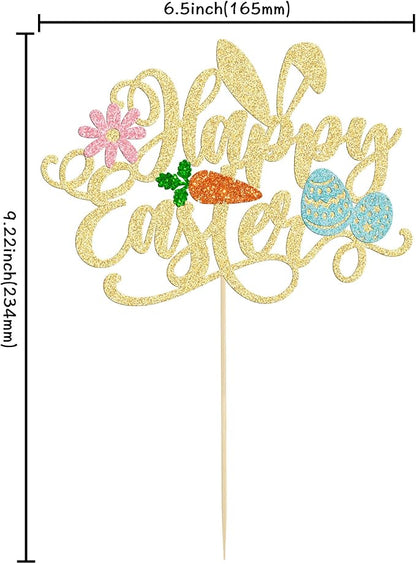 Ephlyn Easter Happy Birthday Cake Topper, 1Pc Glitter Carrot Egg Bunny Rabbit Cake Decorations for Kids Birthday Party Supplies