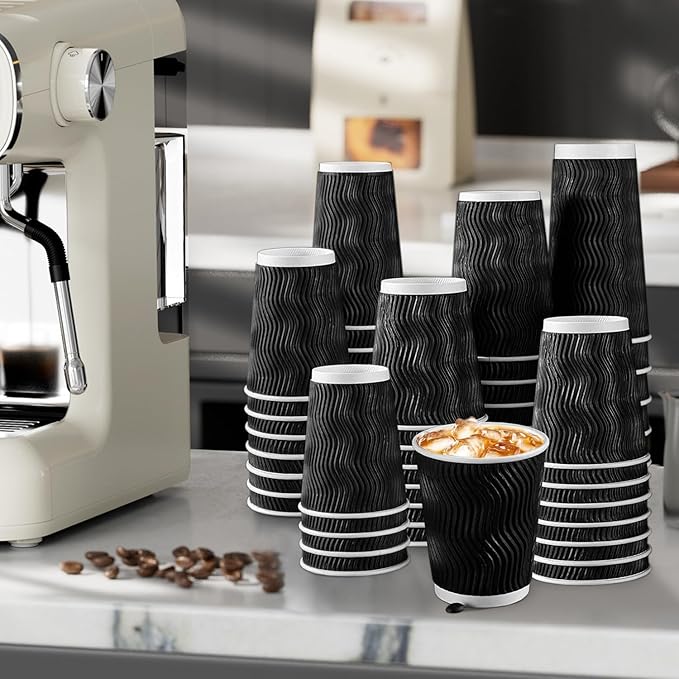 Lamosi 8 oz Disposable Coffee Cups - 120 Pack, Insulated Corrugated Paper Cups, Kraft Ripple Wall Cups for Hot Beverage or Cold Drinks (Black)