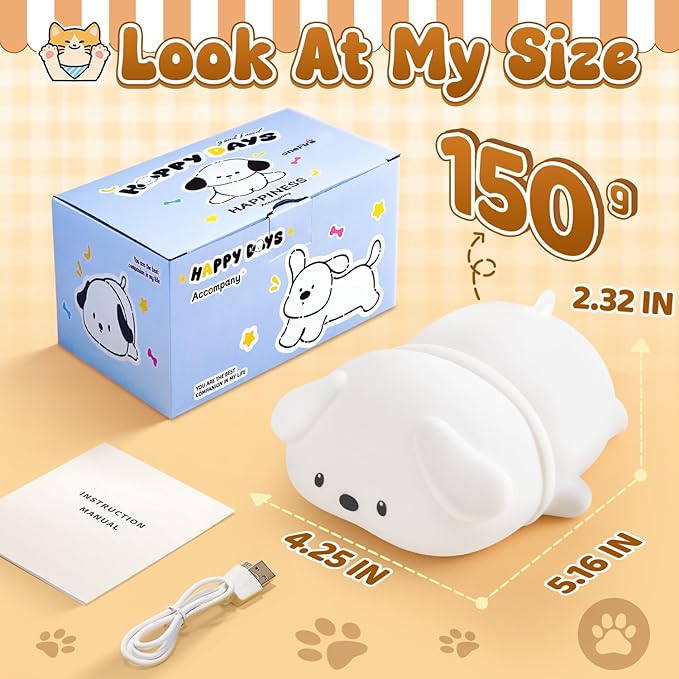 One Fire Squishy Silicone Dog Night Light for Kids—16-Color Gradient Breathing Lamp with 25Hr Battery, Tap Control & Portable Design for Nursery/Bedroom/Travel