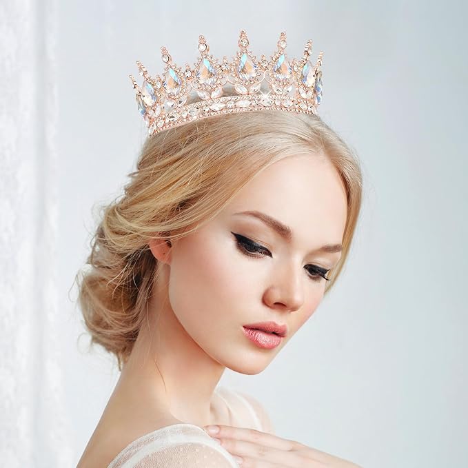 Rose Gold Princess Crown - Glamorous Wedding & Party Tiara for Women & Girls - Sparkling Rhinestones - Comfortable & Hypoallergenic - Perfect for Halloween, Prom, Birthday, Wedding & More
