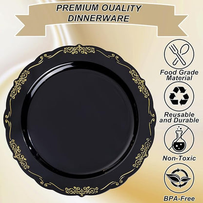 U-QE 100PCS Black Gold Plastic Plates - Heavy Duty Disposable Plates Including 50PCS 10'' Dinner & 50PCS 7.5'' Dessert Plates - Hard Plastic Plate for Party & Wedding