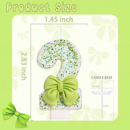 Birthday Candle for Cake, Green Bow Number Cake Candles, 2.76 inch Cake Topper Decoration for Birthday Party (Number 2)