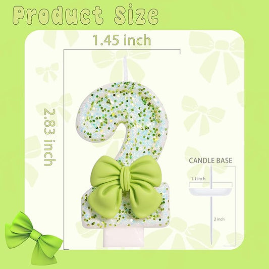 Birthday Candle for Cake, Green Bow Number Cake Candles, 2.76 inch Cake Topper Decoration for Birthday Party (Number 2)