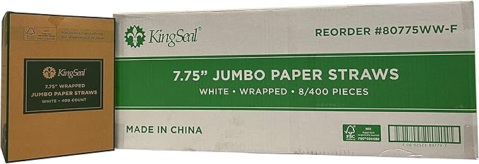 400 Count | Kingseal Disposable PAPER Drinking Straws, FSC Certified, Paper Wrapped, WHITE, 7.75 Inch Length x 6mm Diameter, "Jumbo" Size, Biodegradable, Earth Friendly, Bulk Pack - 400 Straws Per Box