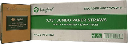 400 Count | Kingseal Disposable PAPER Drinking Straws, FSC Certified, Paper Wrapped, WHITE, 7.75 Inch Length x 6mm Diameter, "Jumbo" Size, Biodegradable, Earth Friendly, Bulk Pack - 400 Straws Per Box